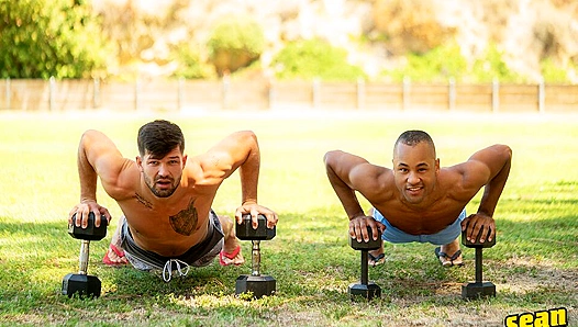 Inked Hottie Brysen Cums All Over Chris' Juicy Black Booty