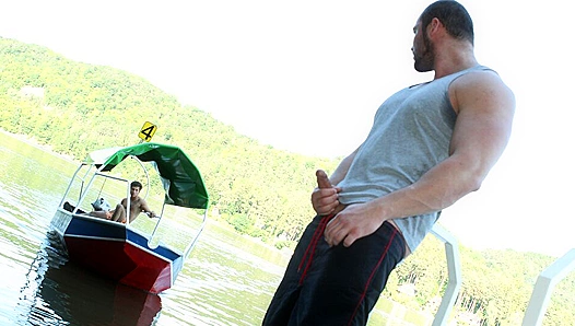 Ripped Bottom Rides Cock on Wooden Pier - Outdoor Gay Sex Adventure