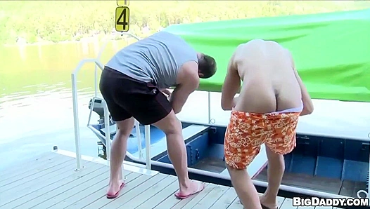 Ripped Bottom Rides Cock on Wooden Pier - Outdoor Gay Sex Adventure