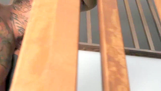 Tattooed Bo Sinn Pounds Bald Edan Wolf on the Stairs