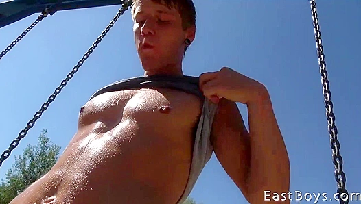 Sweaty Rick Palmer Flexes Outdoors for Eastboys