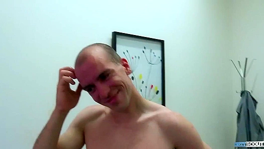 Bareback Newbie ~ Bald Stud Rides Cock in Raw Casting Session