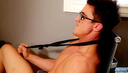 Geeky Derrick Dime Jacks Off Wildly for His Curious Neighbor