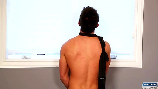 Geeky Derrick Dime Jacks Off Wildly for His Curious Neighbor