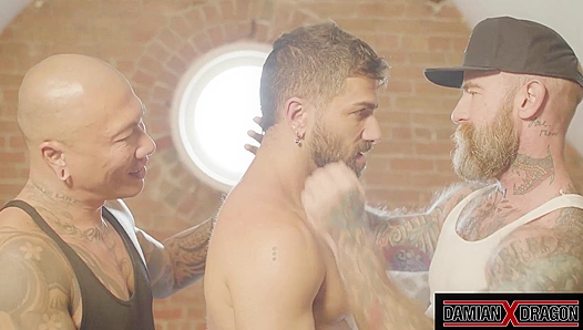 Inked Damian Dragon Rims Adam Ramzi’s Ass While Fucking Him Hard in Threesome Action