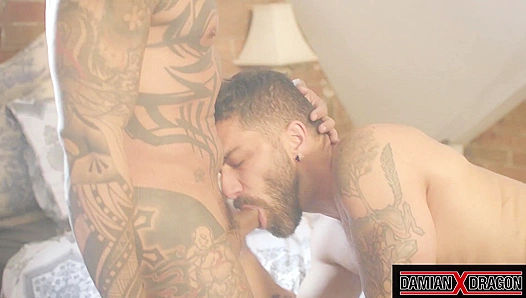 Inked Damian Dragon Rims Adam Ramzi’s Ass While Fucking Him Hard in Threesome Action