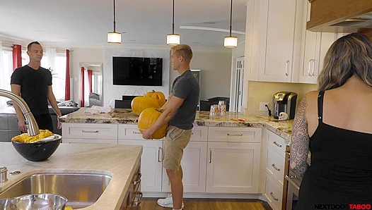 StepBrother Pumps His Load Inside the Pumpkin While Girlfriend Watches Hot NextDoor Taboo Action