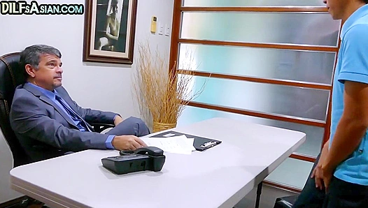 DILF Rips Nippon Skinny Bottom in Office, Bareback Action Explodes