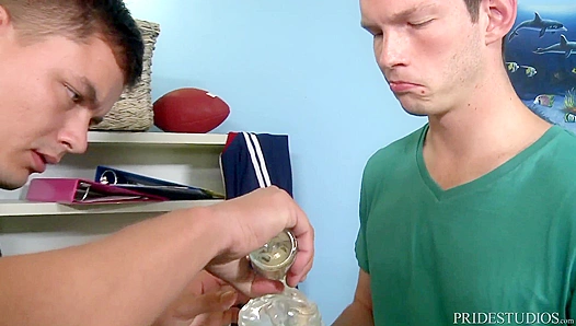 Cock Virgins Get Wild in Dorm Room Fleshlight Fun With Dirty-Talking Friend