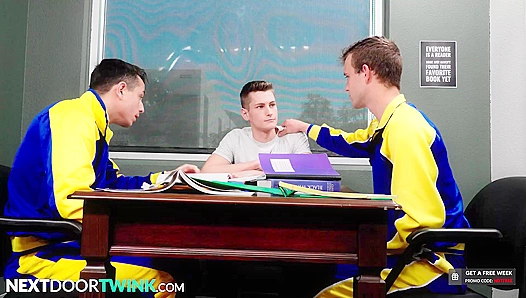 Twink Tutor Banged By Muscle Jocks For Good Grades - Scott Finn, Trevor Harris, Kyle Wyncrest