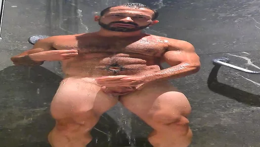 Muscular Bear With Perfect Ass Washes Hair in Hotel Bathroom Solo Scene