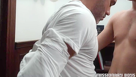 Hairy Hottie Elder Gets Desk-Fucked by Missionary Boys