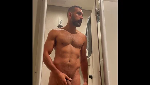 Latino Man Shakes and Spreads in Shower Gym Solo Masturbation Show