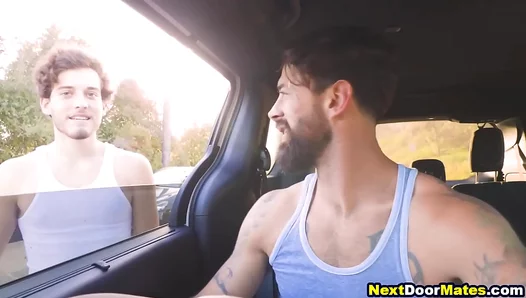 Tattooed Hunk Picks Up Hitchhiker for Steamy Bareback Gay Sex Scene