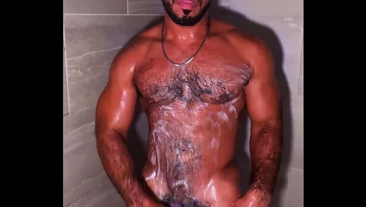 Muscular Latino Stud Shows Off Huge Uncut Dick in Steamy Solo Shower Session