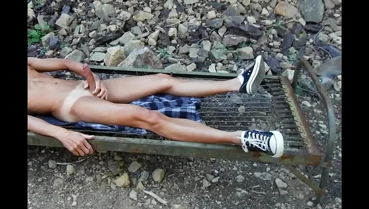 Twink 18+ Jerks Off Outside Bed Frame In Hot Outdoor Solo Session