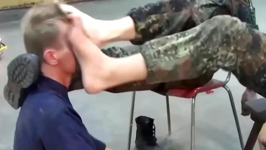 Lucky Guy Licks Boots of Two Sexy German Soldiers in Humiliating Fetish Fun