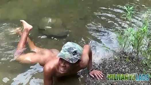Latino Military Lad Shows Off Cum–Drenched Dick Outdoors