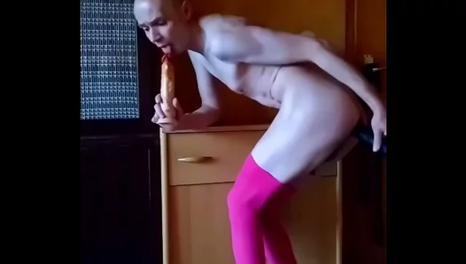 Gay Fun: Ass Fucking and Licking Pink Dildo Tail in High Heels