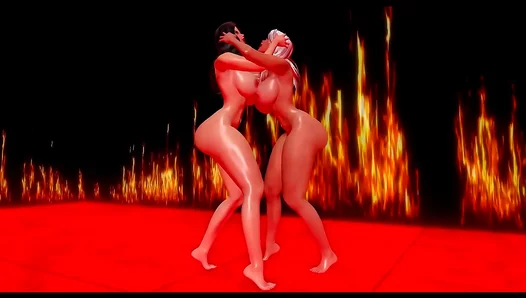 Blonde and Brunette Engage in Hot Fire-Themed Catfight While Nude