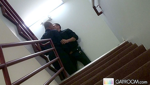 HotGay Duo Makes Out and Cums in Public Stairwell Handjob - Gay XXX