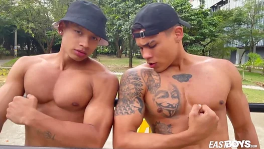 Two Hot Latino Guys Flex Muscles Before Steamy Sex Scene