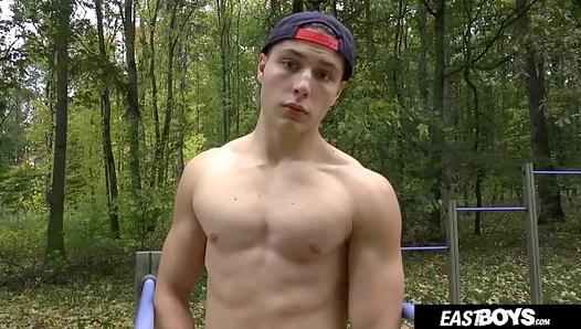 Flexing Muscles and Massaging Twink 18+ Boy 18+ Randall White