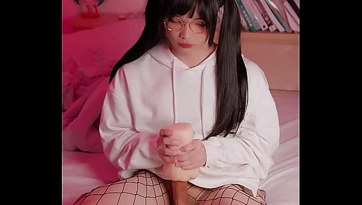 Cute femBoy 18+ in fishnet stockings jerks off with a masturbator