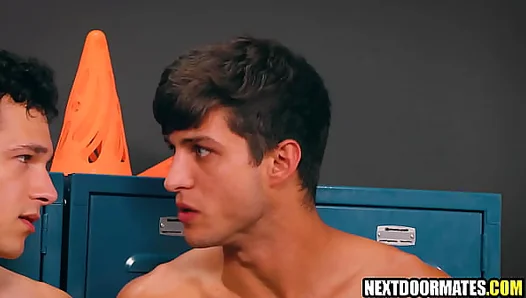 Hot guys suck and fuck coach's bbc in the lockerroom