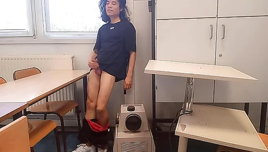 Cum at school'this horny student twink wanks his smooth cock and squirts jizz riskyly at