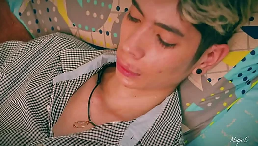 Jerking my big twink cock in bed until I shoot a thick load Would love you to take it in