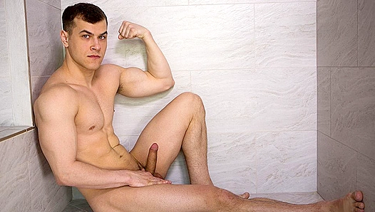 Cute CookMitch Fucks Fake Cock, Cums Hard in Shower