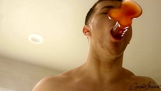 Cute CookMitch Fucks Fake Cock, Cums Hard in Shower