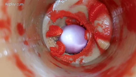 The camera inside the deep pussy toy records a huge ejaculation with a stuck condom 4k