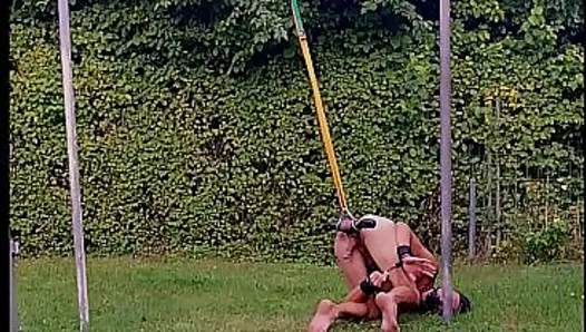 naked pathetic white slave outdoor testicles in humbler tied up, handcuffed, ready get
