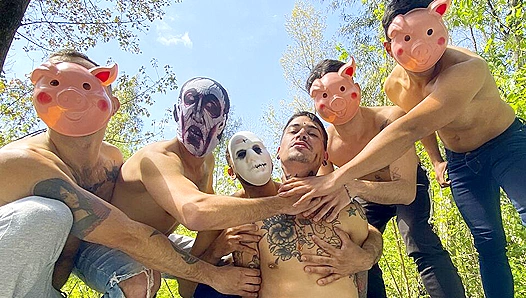 Creepy Masked Dudes Pound Each Other in Wild Outdoor Gang-Bang